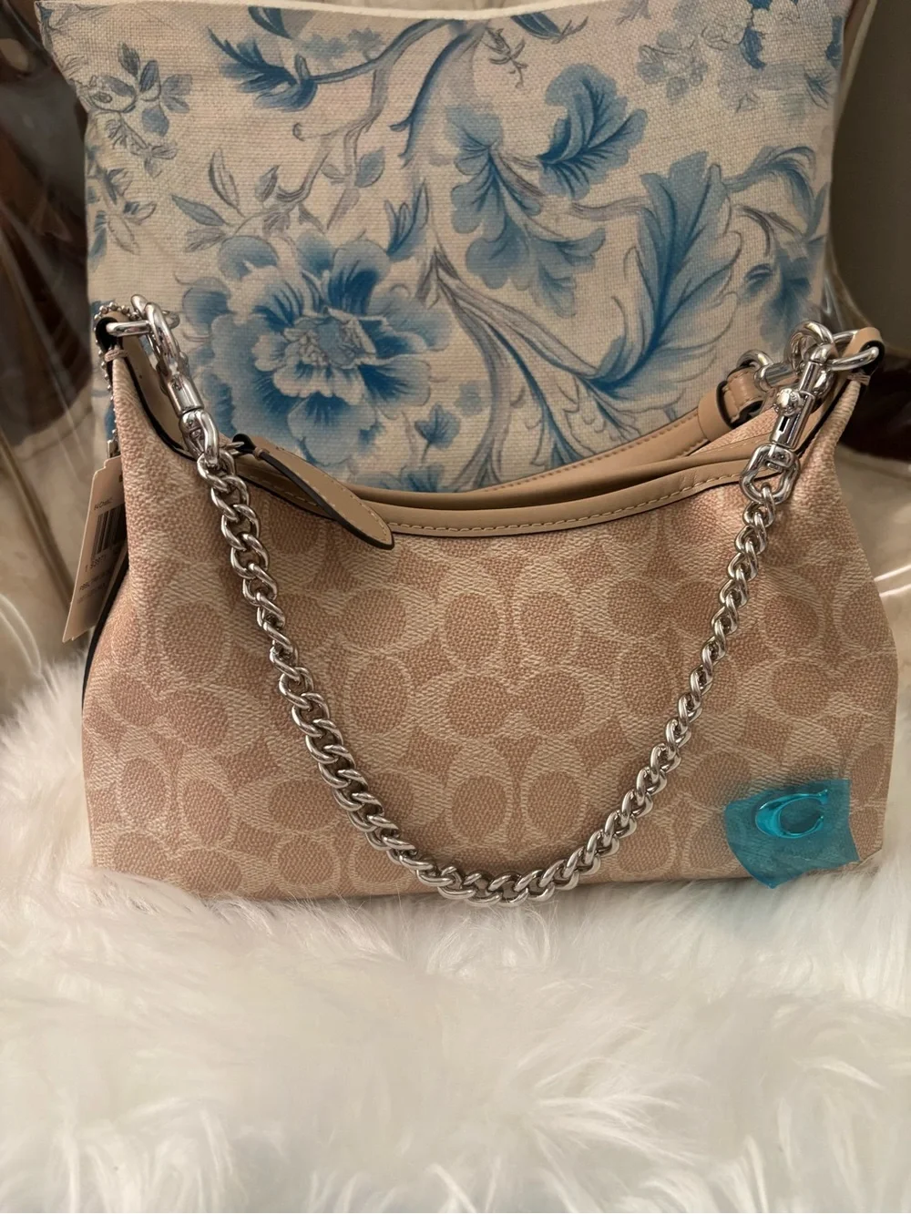 Coach Beige Signature Canvas Hobo with Silver Chain Detail